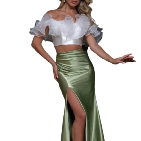 NWT Rachel Allan 70826 Evening Dress Ruffled White Sage Size 0